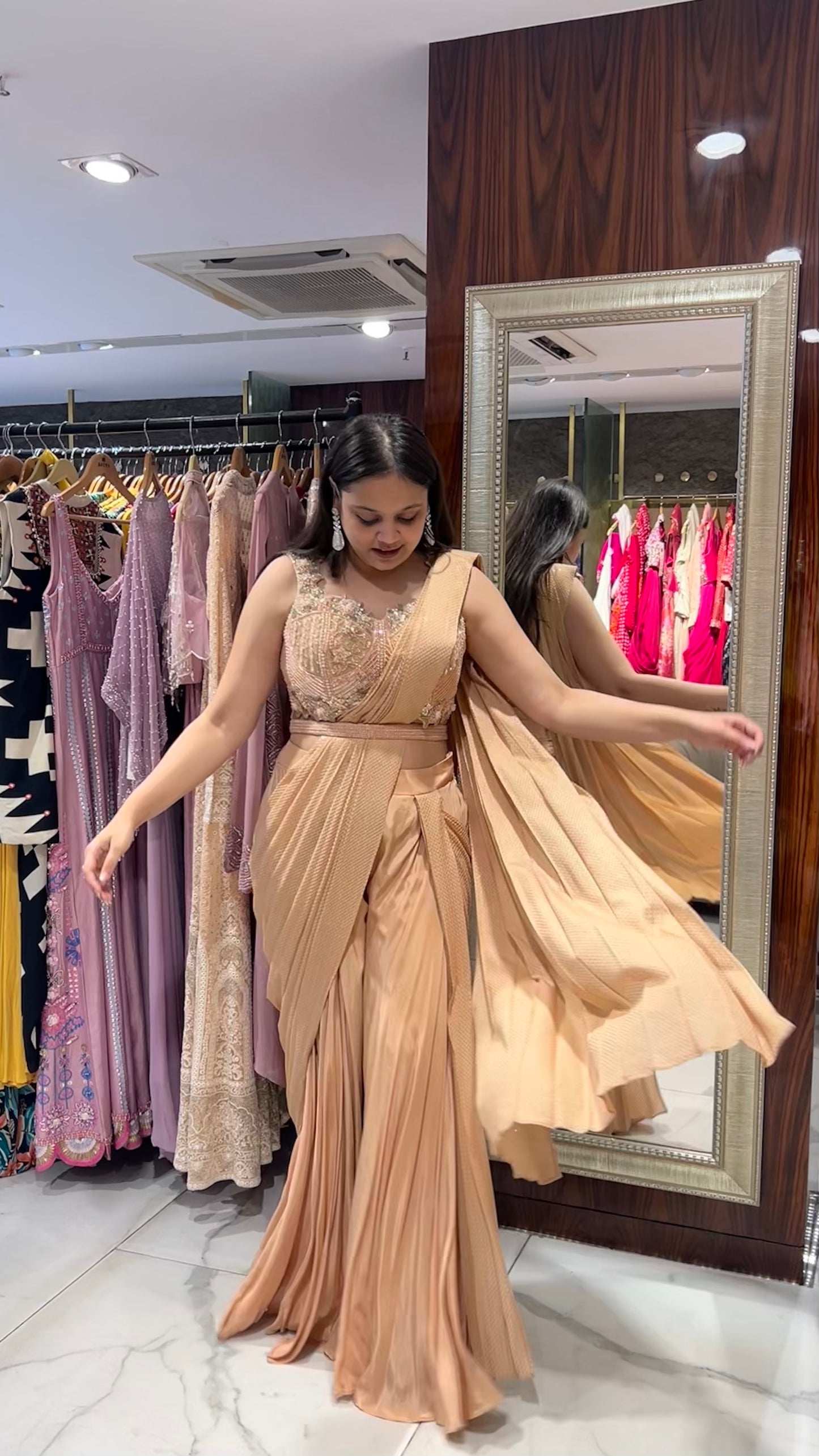 Raisa – Dusty Orange Pre-Stitched Drape Saree with Pants & Hand Embroidered Blouse