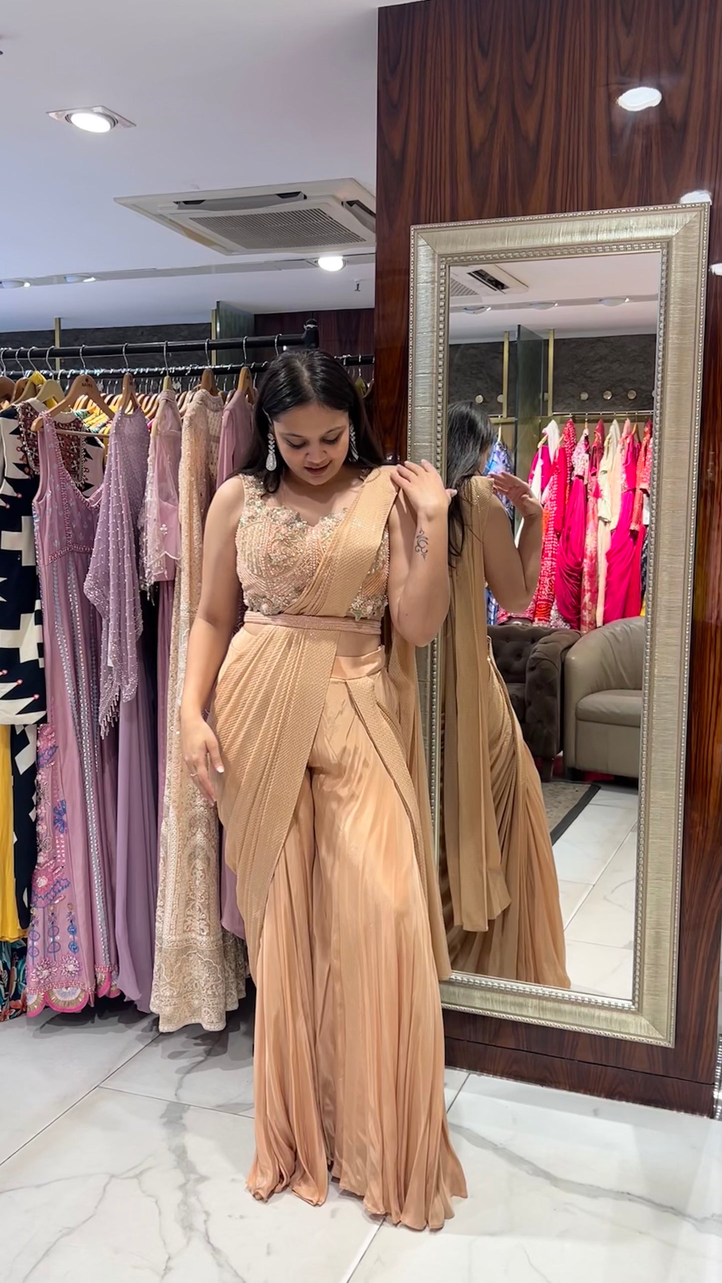 Raisa – Dusty Orange Pre-Stitched Drape Saree with Pants & Hand Embroidered Blouse