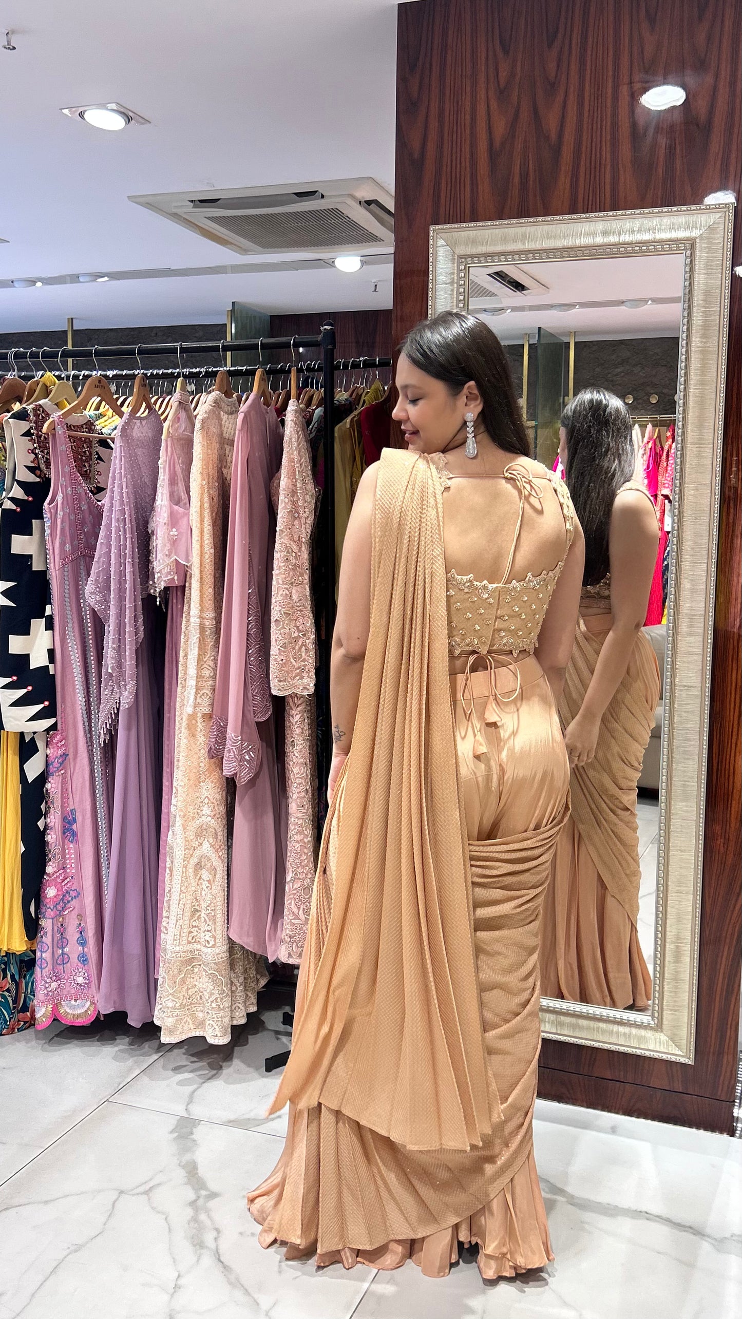 Raisa – Dusty Orange Pre-Stitched Drape Saree with Pants & Hand Embroidered Blouse