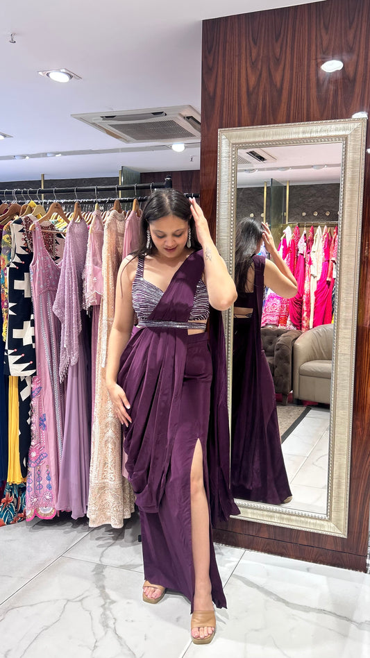Maisha – Wine Pre-Stitched Slit Saree with Belt