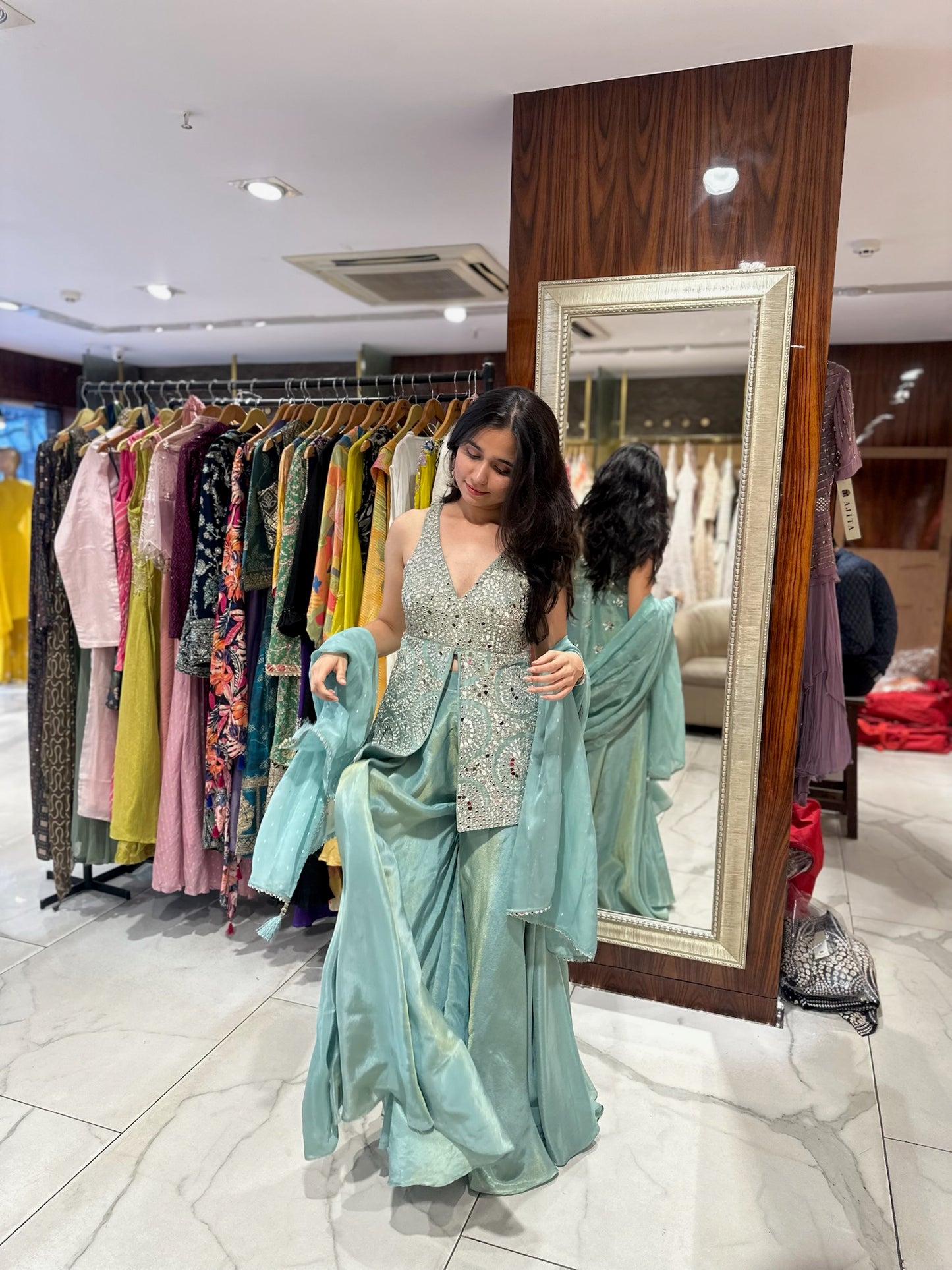 Neera Sea Blue Mirror Embroidered Palazzo Set