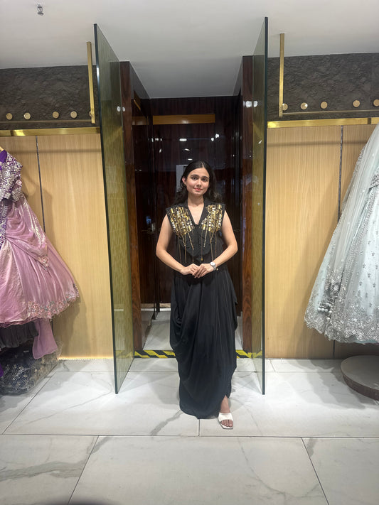 Shainee Black Cowl Dress with Gold Embroidery