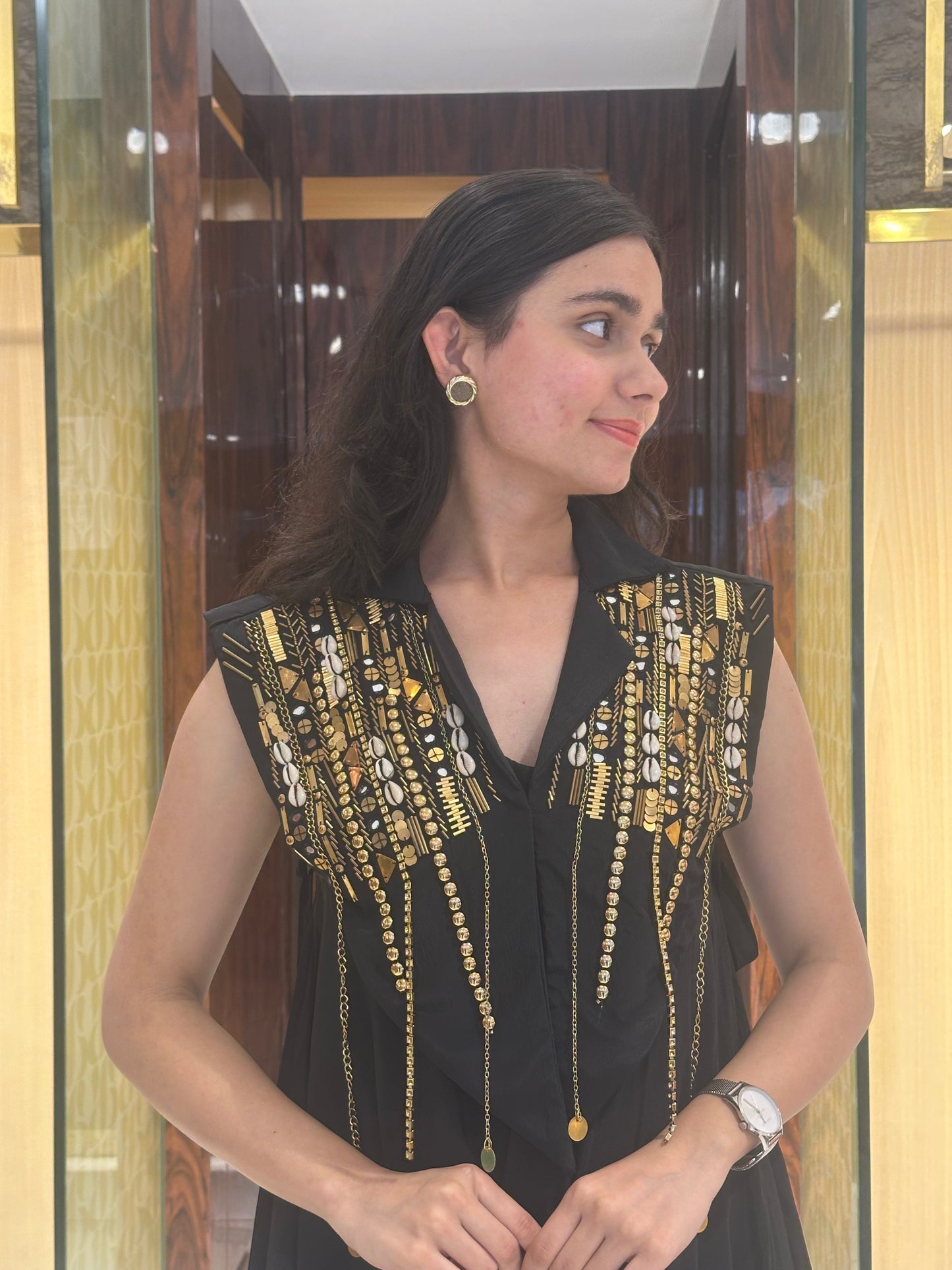 Shainee Black Cowl Dress with Gold Embroidery
