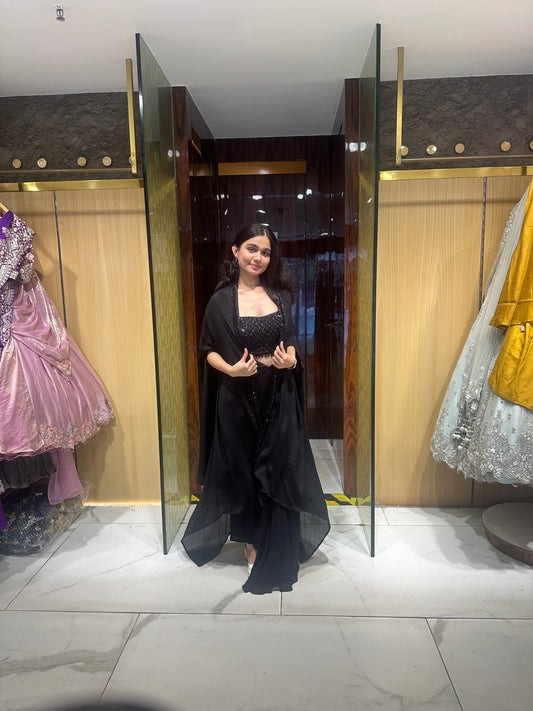 Shylee Black Embroidered Cape Dhoti Skirt Set