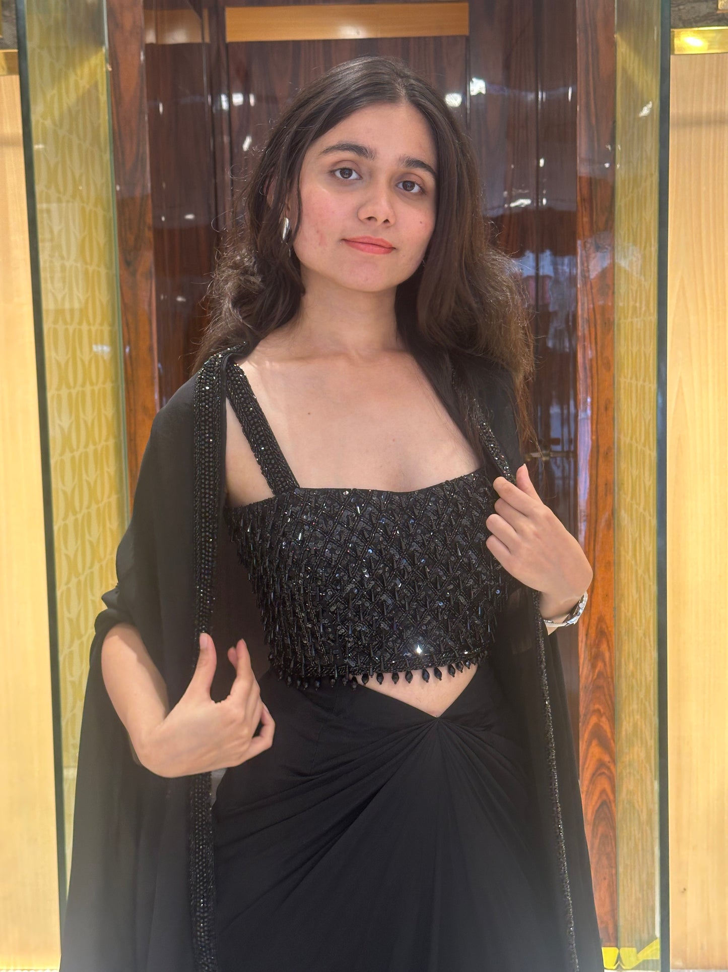 Shylee Black Embroidered Cape Dhoti Skirt Set