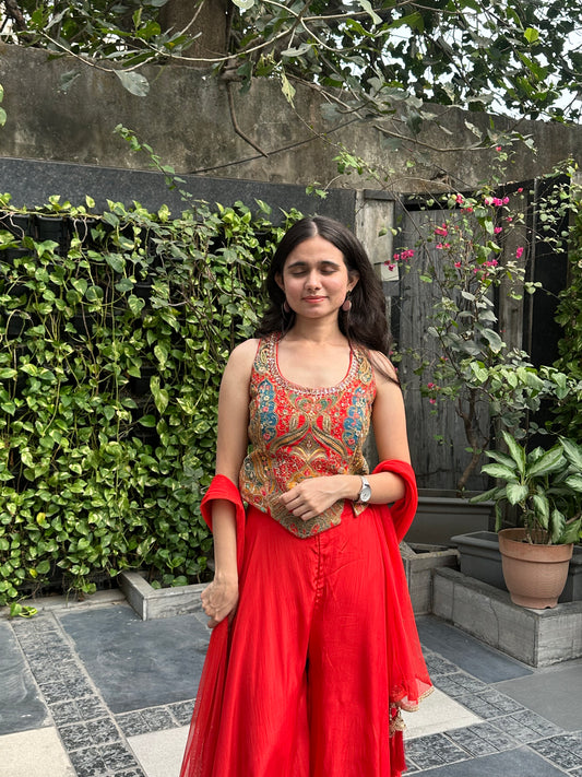 Rubee Tomato Red Embroidered Indo-western Set