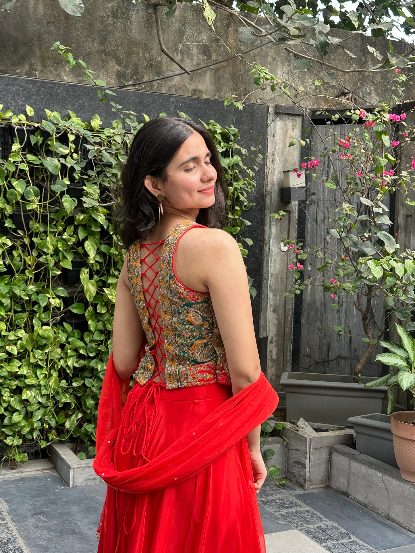 Rubee Tomato Red Embroidered Indo-western Set