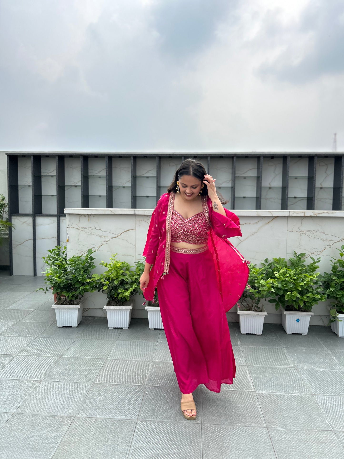 Nishi – Rani Pink Hand-Embroidered Silk Indo-Western Set with Palazzo Pants & Cape