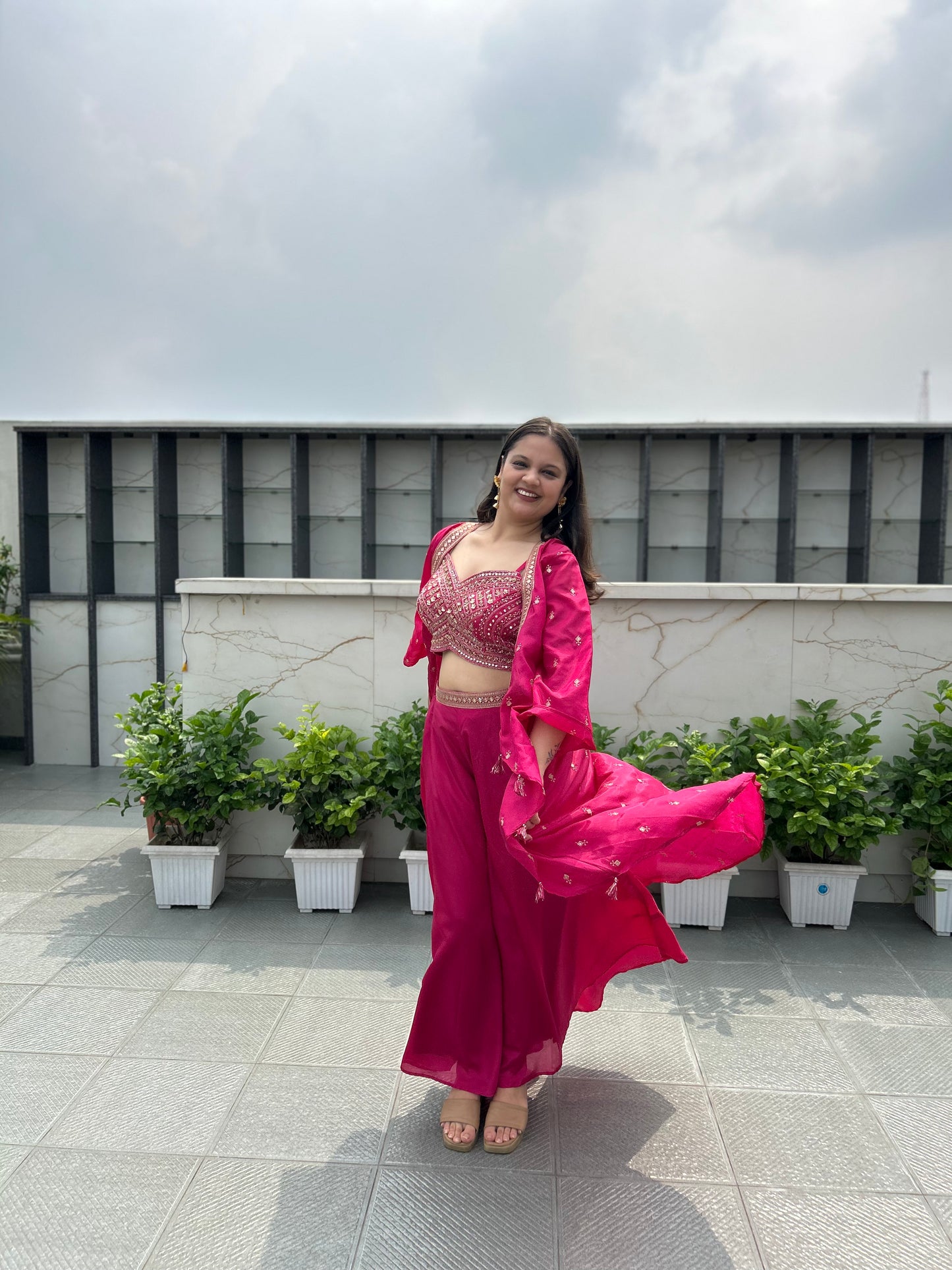 Nishi – Rani Pink Hand-Embroidered Silk Indo-Western Set with Palazzo Pants & Cape