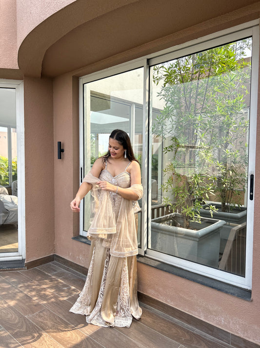 Tasha – Chikoo colour Hand-Embroidered Corset Set with Flared Pants & Dupatta