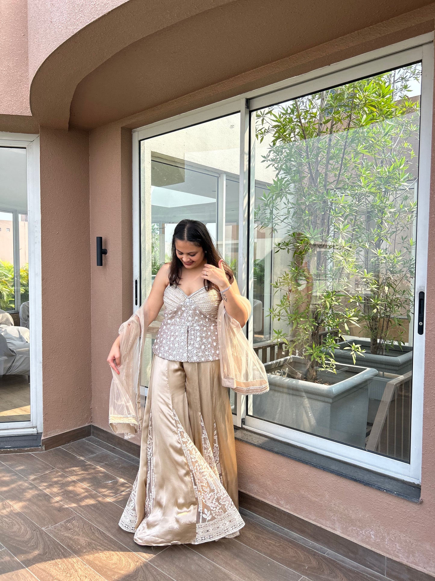 Tasha – Chikoo colour Hand-Embroidered Corset Set with Flared Pants & Dupatta