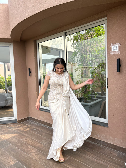 Reeva – Light Cream Hand-Embroidered Corset Drape Saree in Korean Fabric