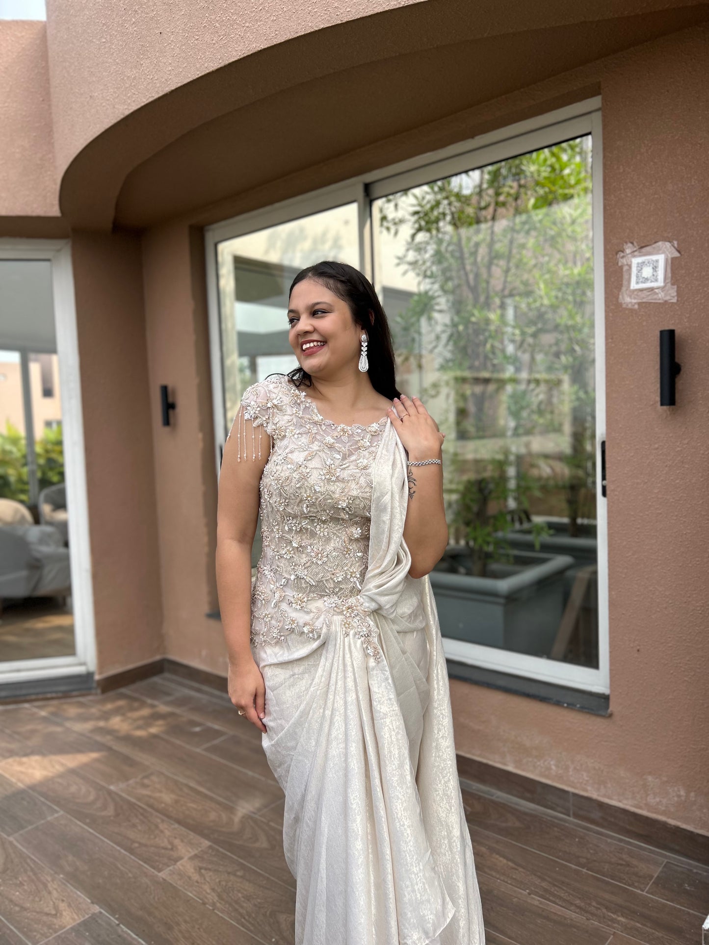 Reeva – Light Cream Hand-Embroidered Corset Drape Saree in Korean Fabric