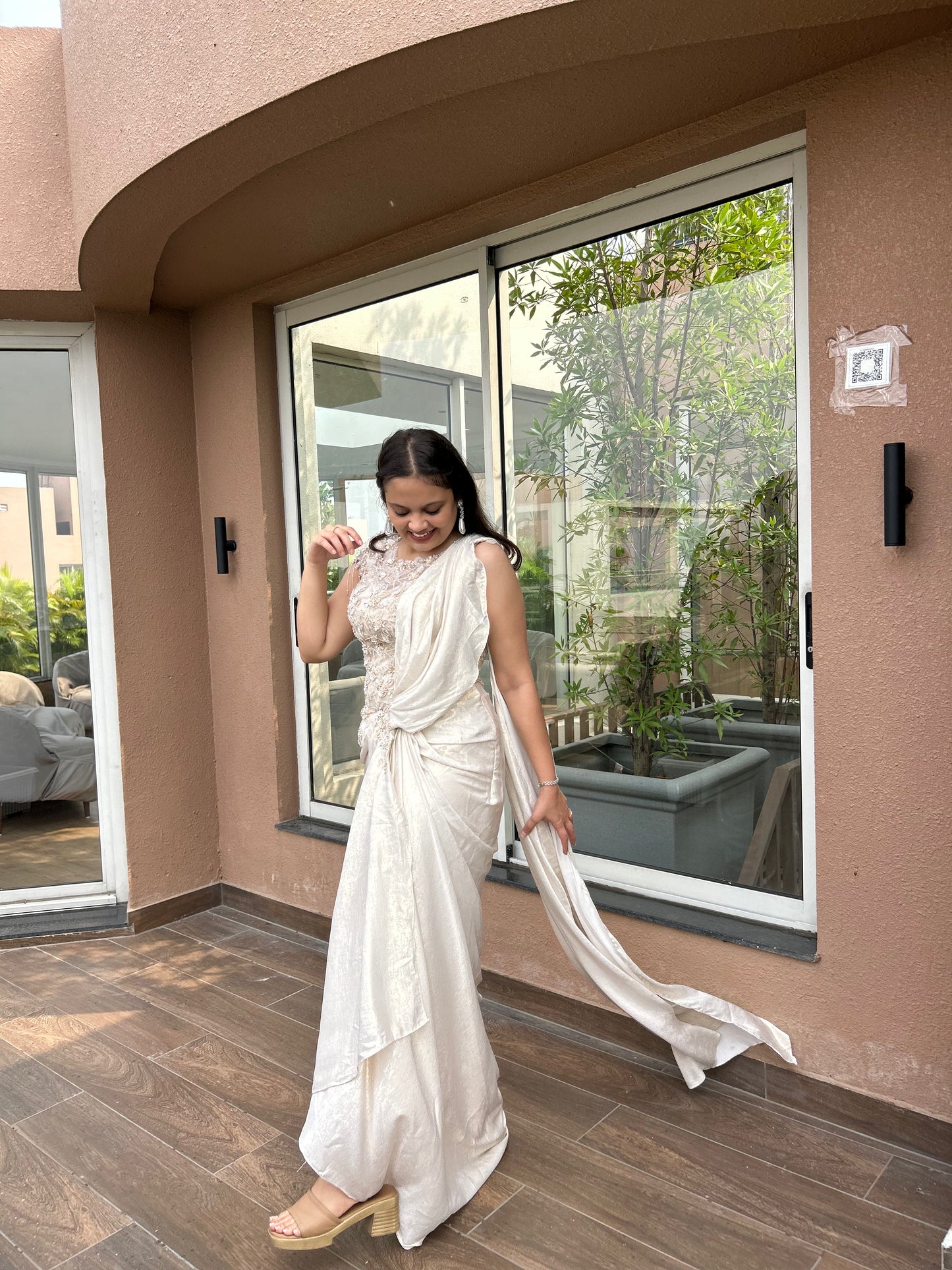 Reeva – Light Cream Hand-Embroidered Corset Drape Saree in Korean Fabric