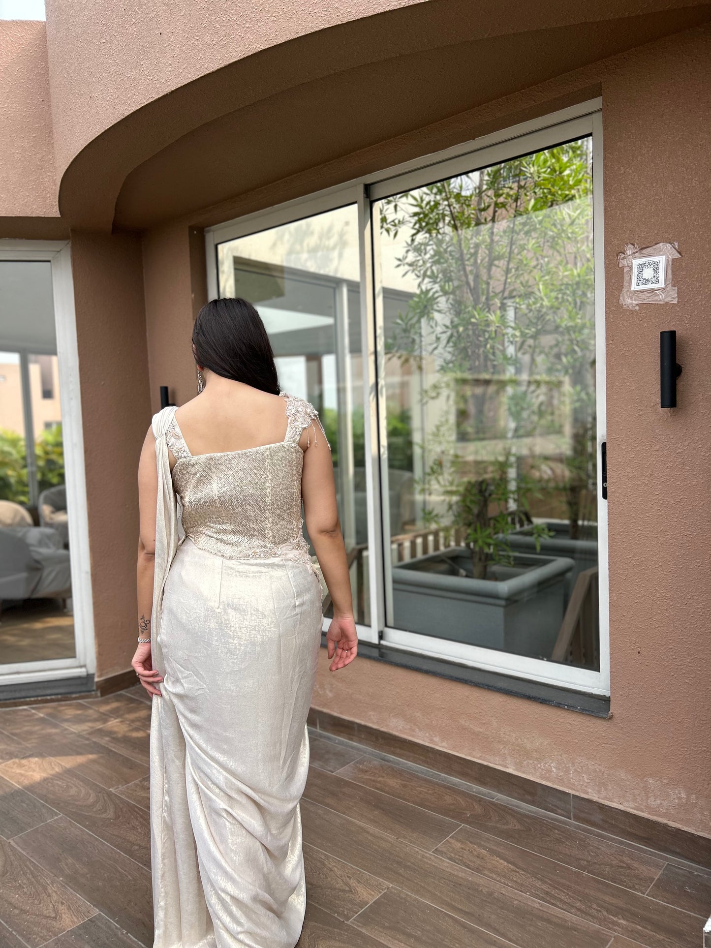 Reeva – Light Cream Hand-Embroidered Corset Drape Saree in Korean Fabric