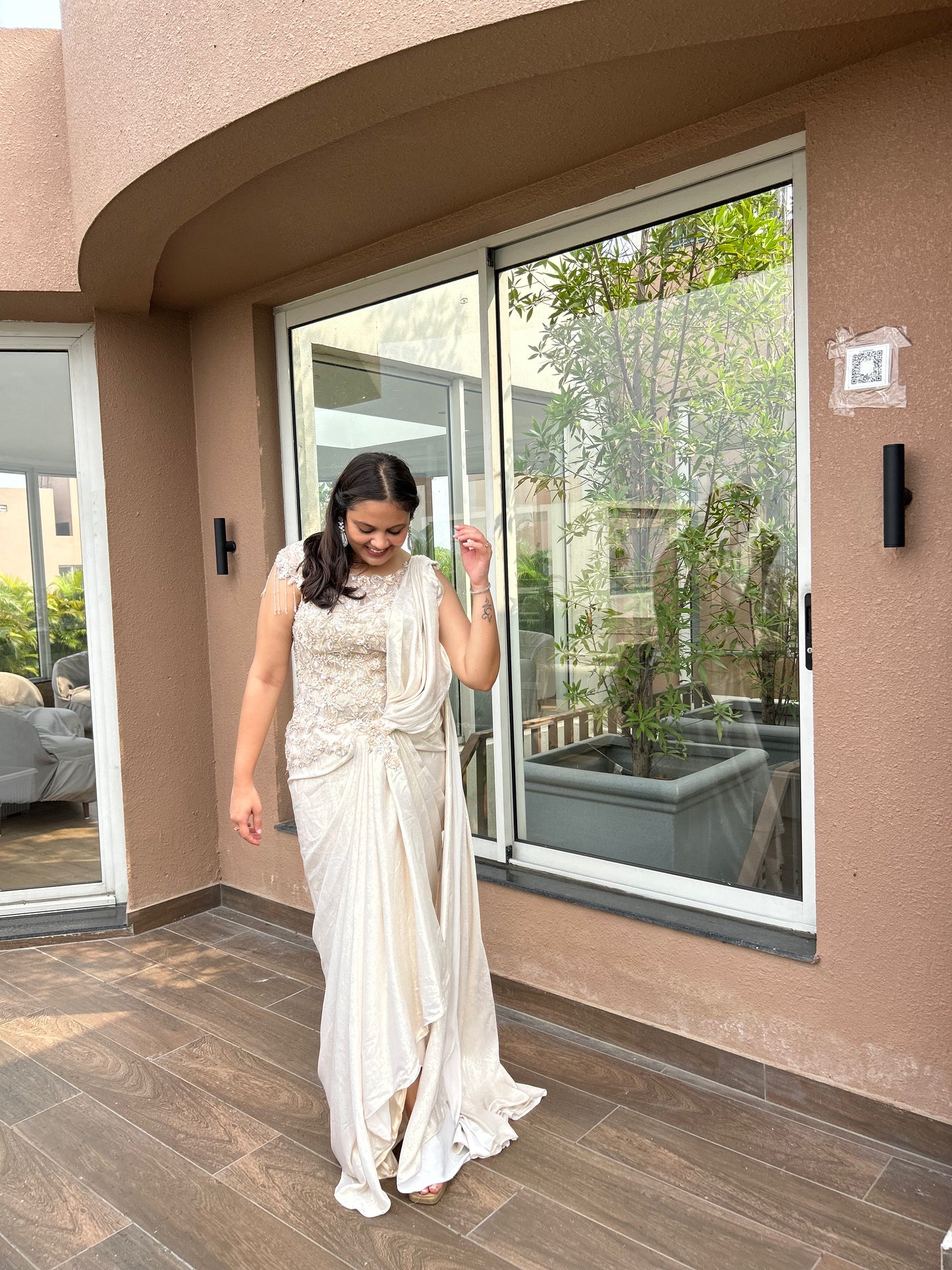 Reeva – Light Cream Hand-Embroidered Corset Drape Saree in Korean Fabric
