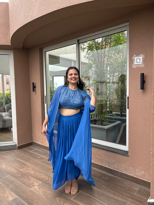 Elina – Royal Blue Hand-Embroidered Halter Neck Indo-Western Set with Pleated Skirt & Cape