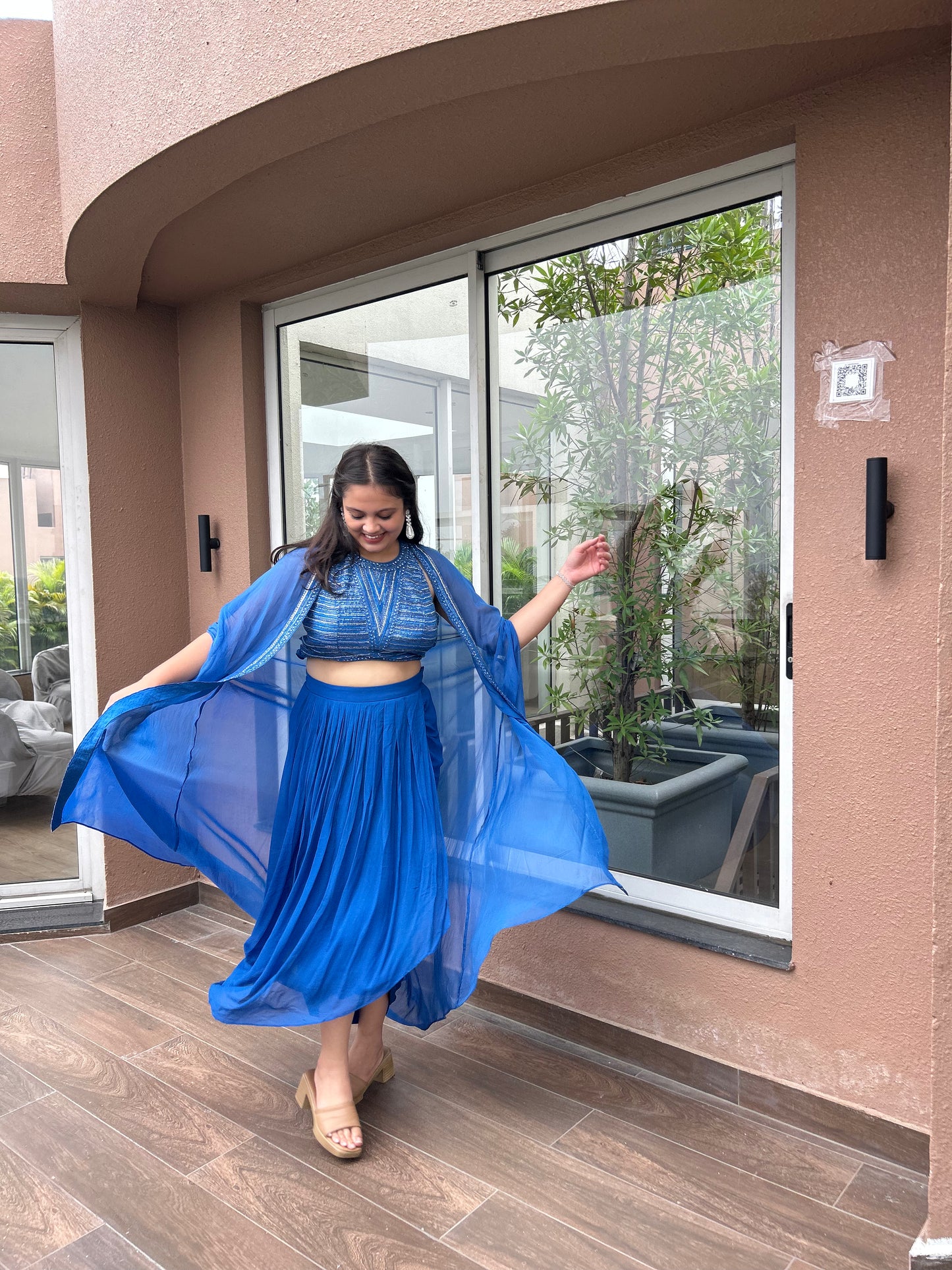 Elina – Royal Blue Hand-Embroidered Halter Neck Indo-Western Set with Pleated Skirt & Cape