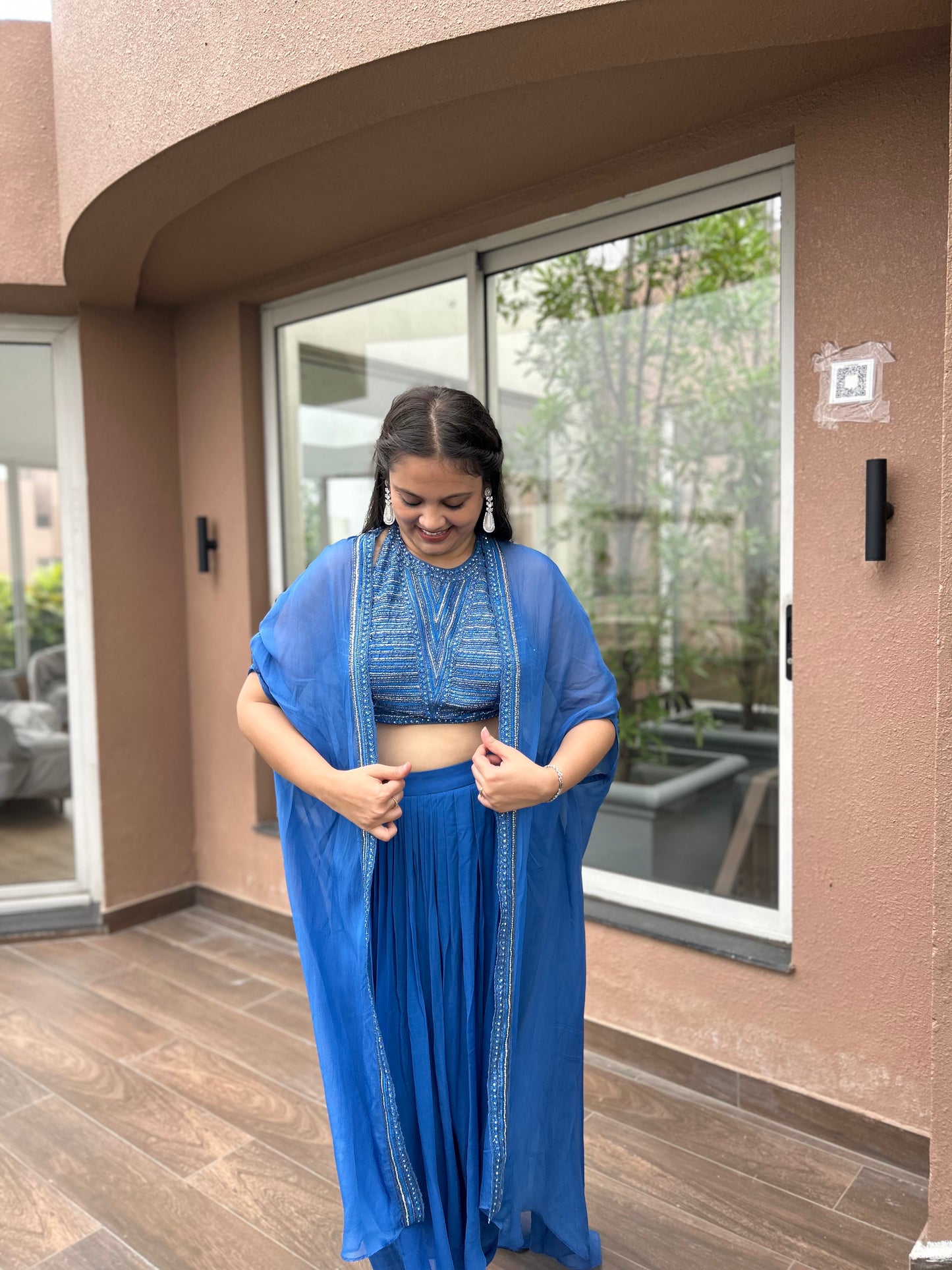 Elina – Royal Blue Hand-Embroidered Halter Neck Indo-Western Set with Pleated Skirt & Cape