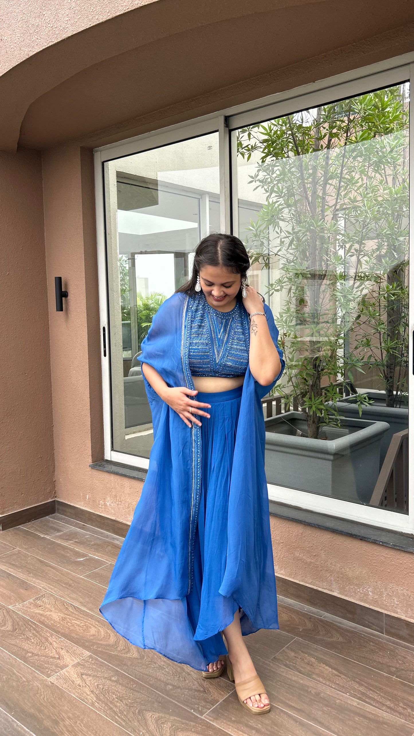 Elina – Royal Blue Hand-Embroidered Halter Neck Indo-Western Set with Pleated Skirt & Cape