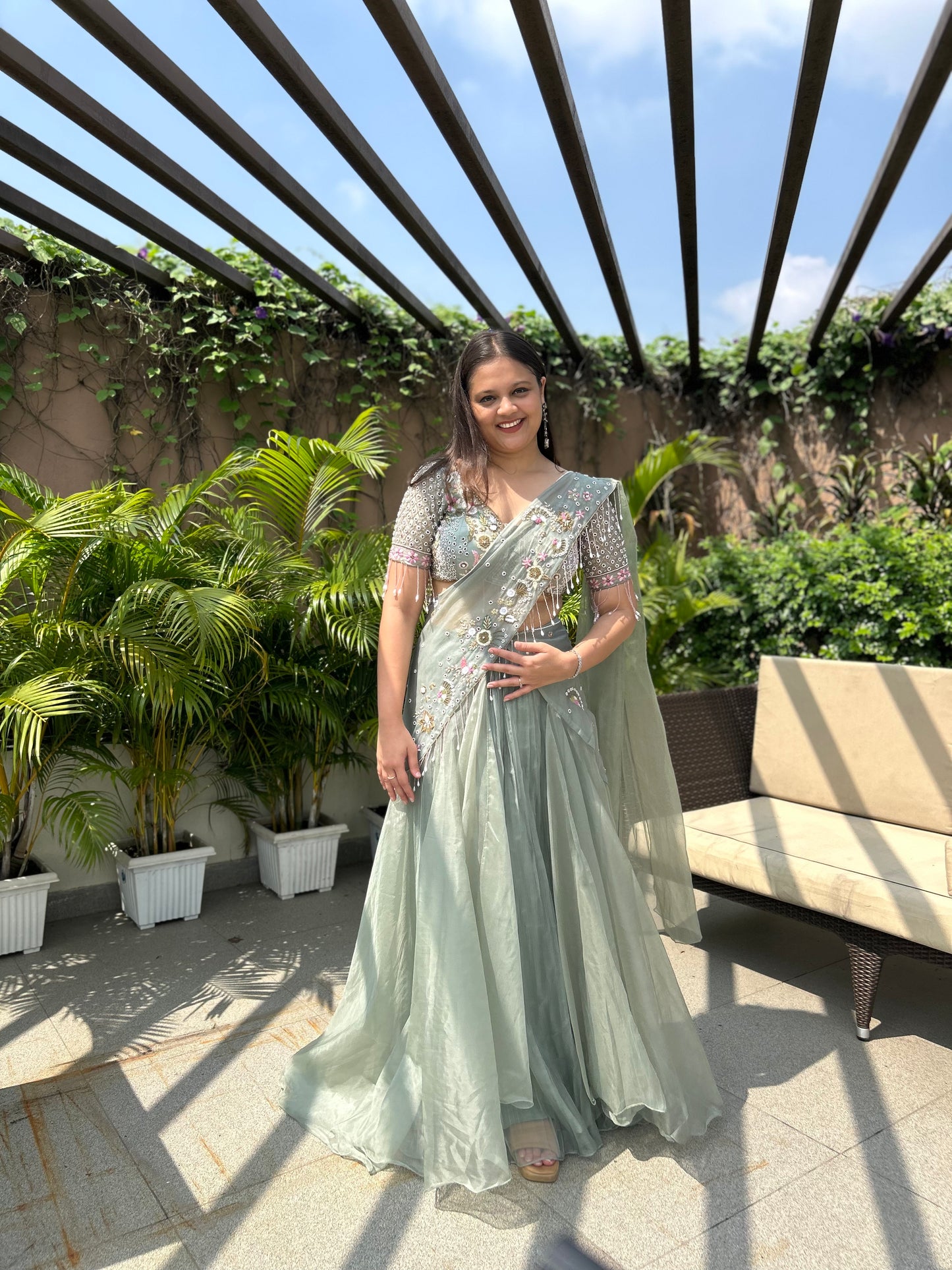 Saanvi Pistachio Green Embellished Drape Lehenga Set