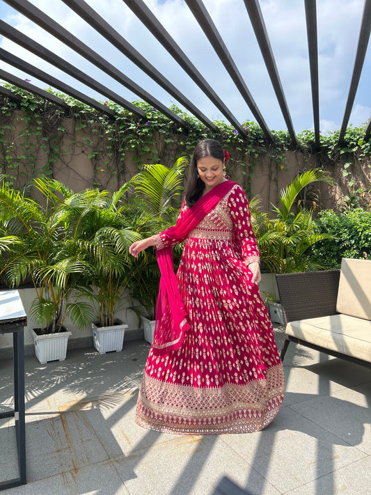 Jasmin Rani Pink Zari Embroidered Anarkali Gown Set