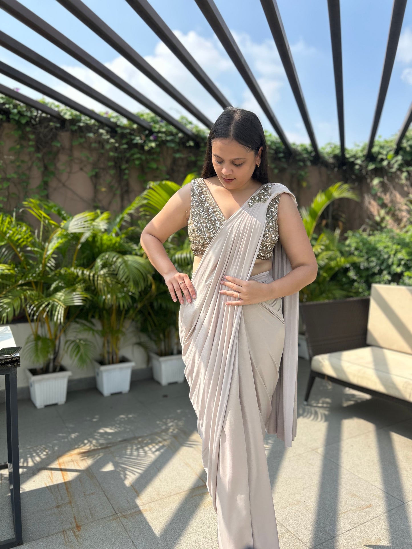 Nora Champagne Drape Saree – Cocktail & Bridesmaid Outfit