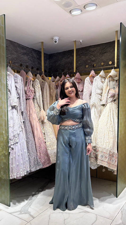 Anara Tissue Organza Indo-Western Set – Greyish Green