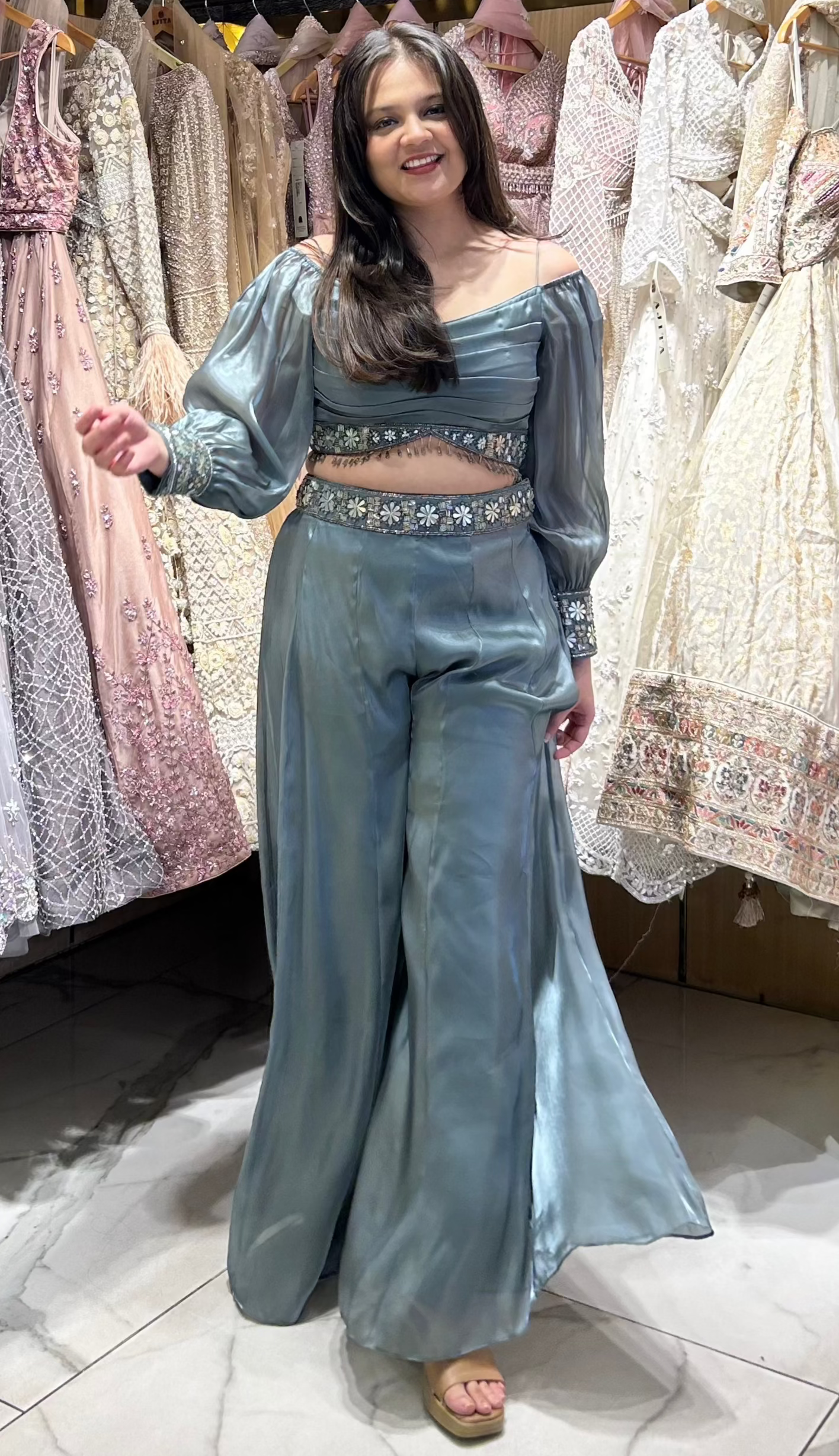 Anara Tissue Organza Indo-Western Set – Greyish Green