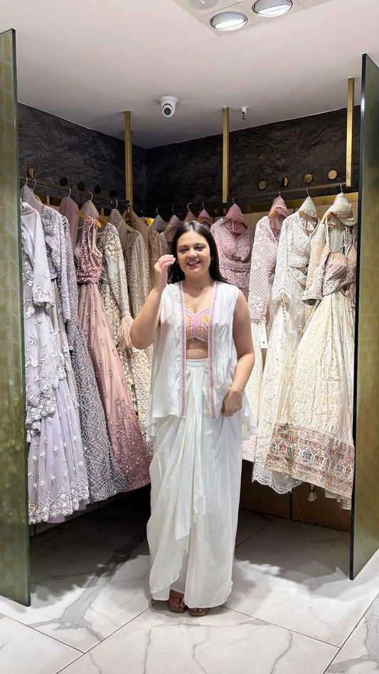 Indo-Western outfit in store ideal for wedding and festive wear.