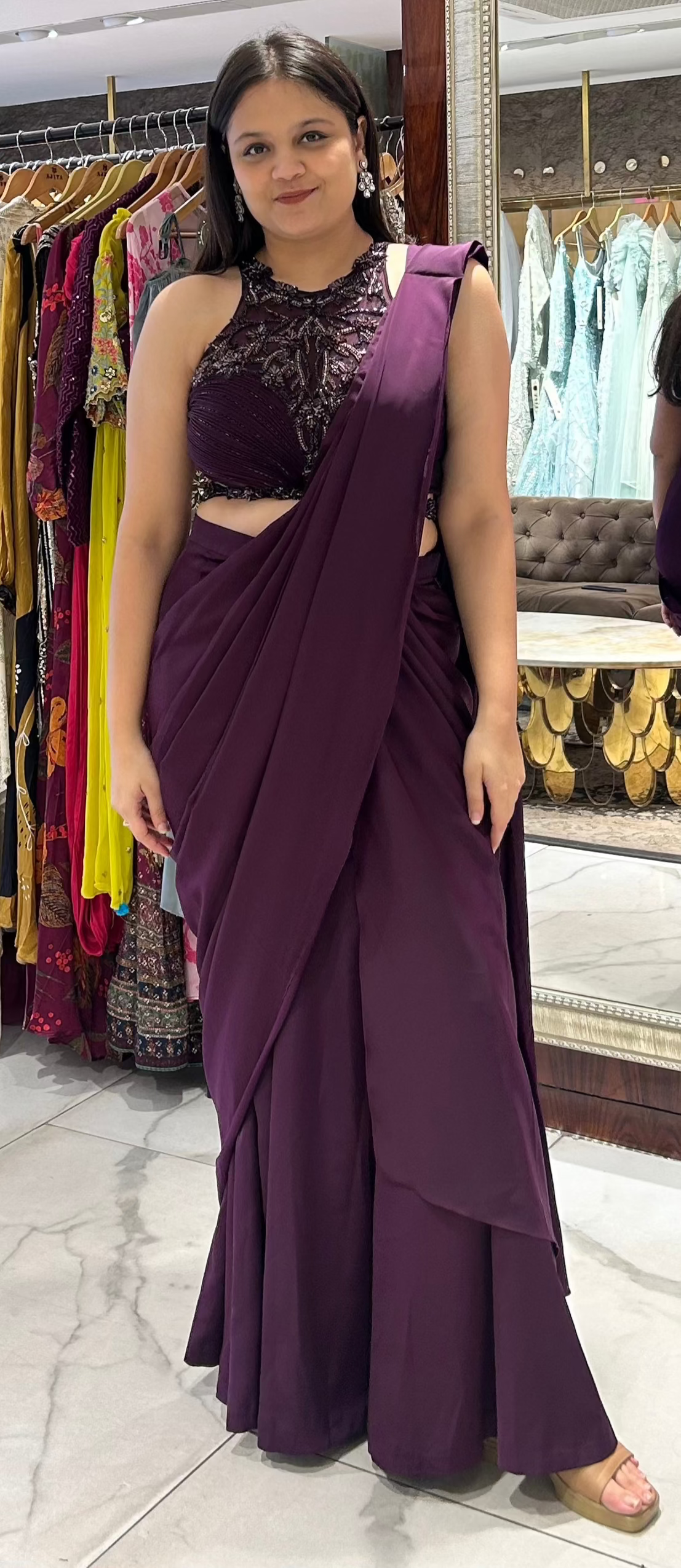 Arya Wine Pre-Stitched Drape Saree
