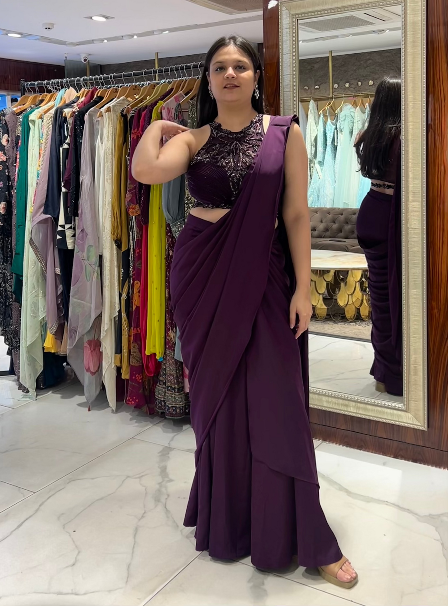 Arya Wine Pre-Stitched Drape Saree