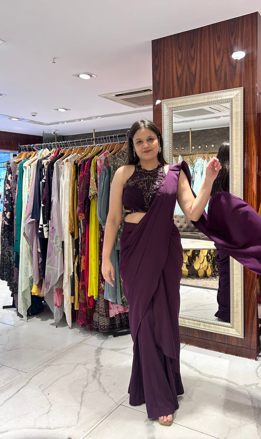 Arya Wine Pre-Stitched Drape Saree