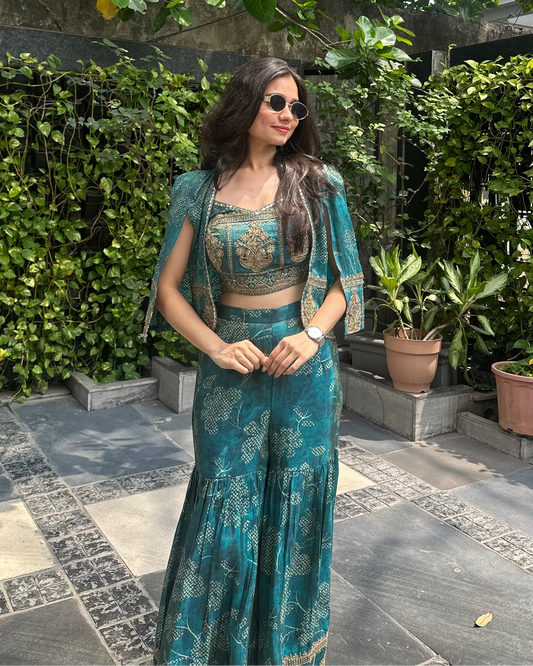 Charvi Rama Green Indo-Western Jacket Set
