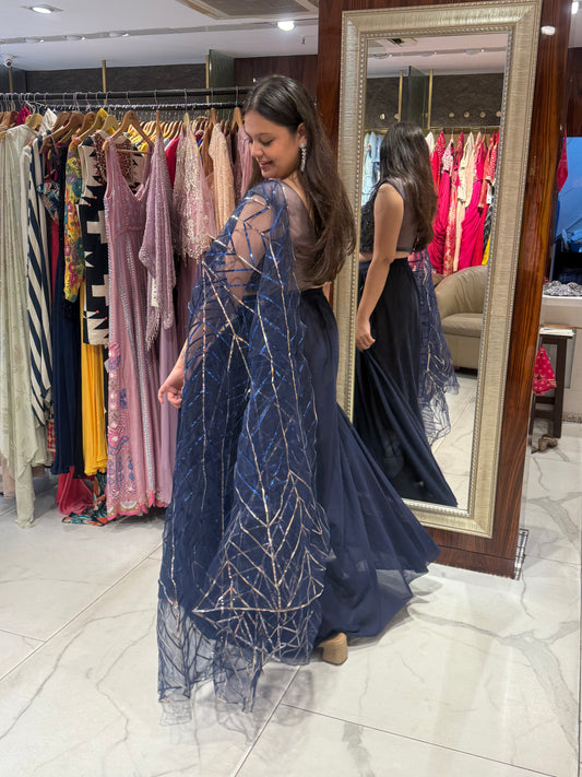 Reyna – Navy Drape Skirt Set with Hand Embroidery & Saree-Style drape