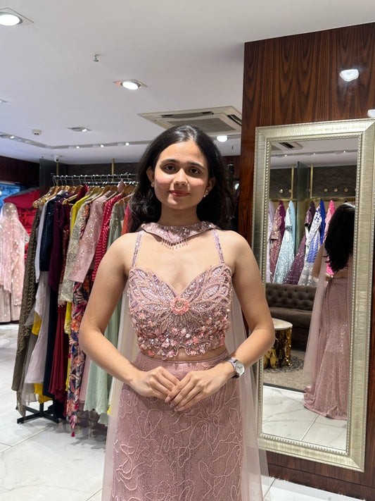 Baby pink indo-western fish cut lehenga with embellished blouse and choker dupatta by House of Ajita