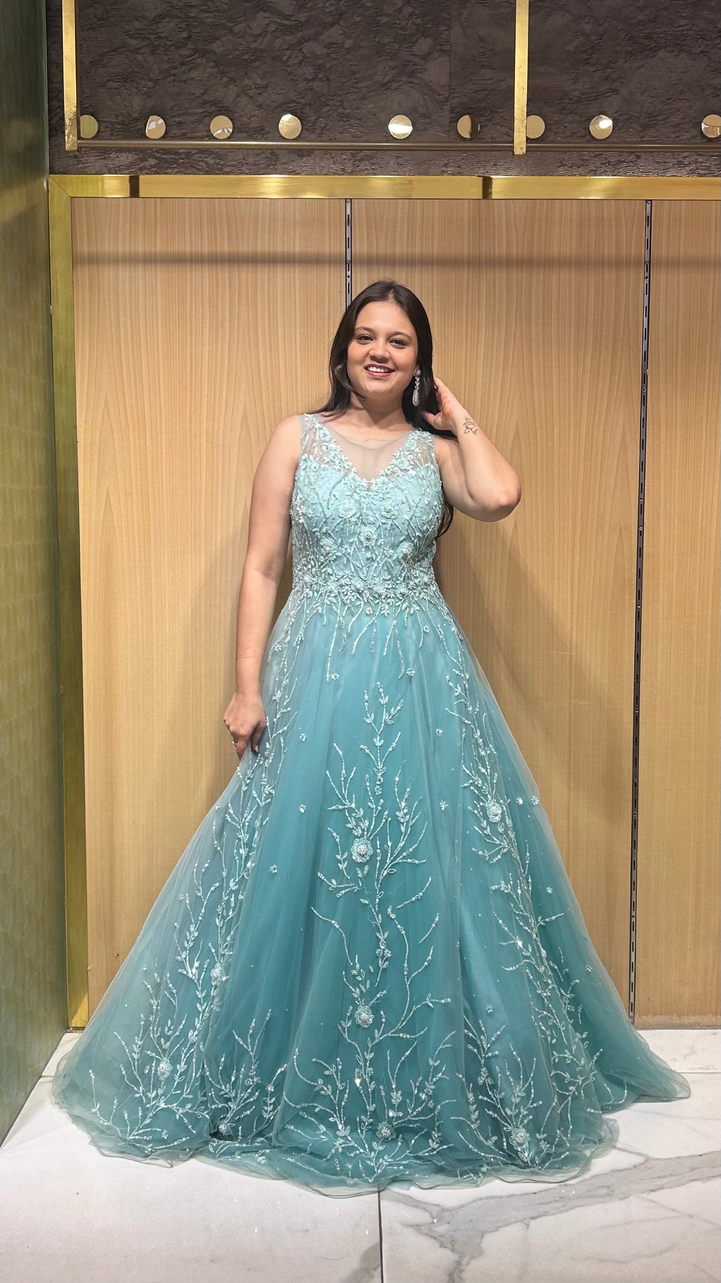 Liara Blueish Green Embroidered Net Gown