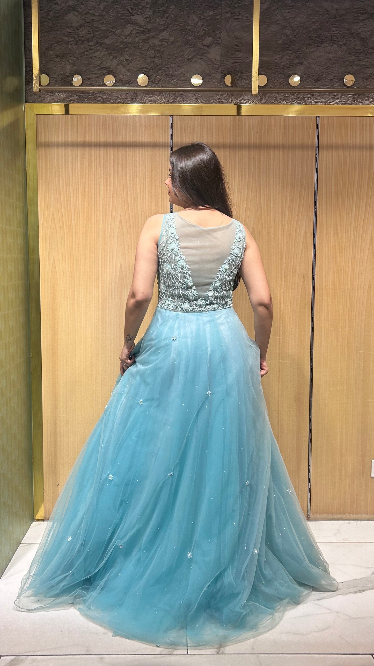 Liara Blueish Green Embroidered Net Gown