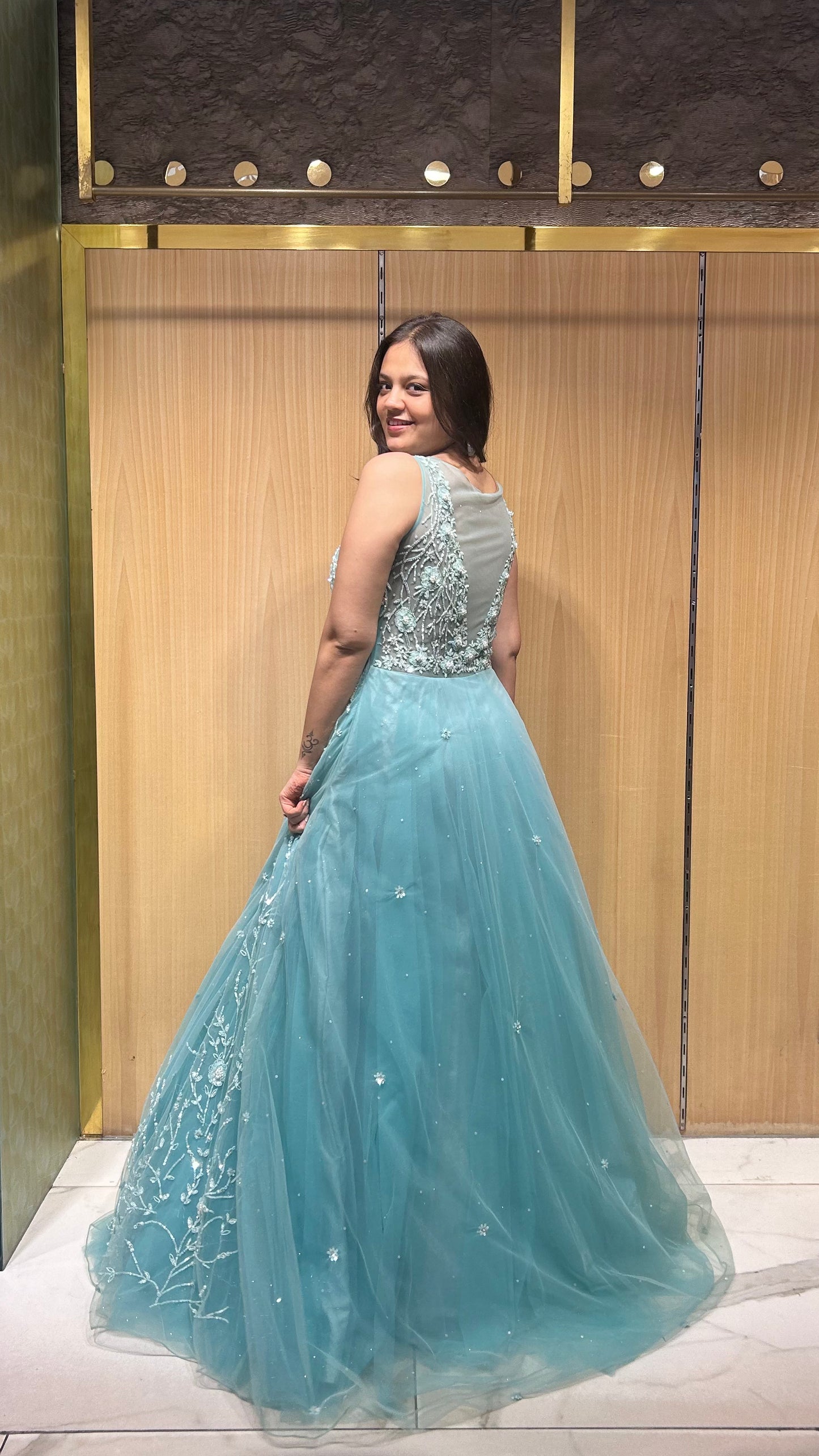 Liara Blueish Green Embroidered Net Gown