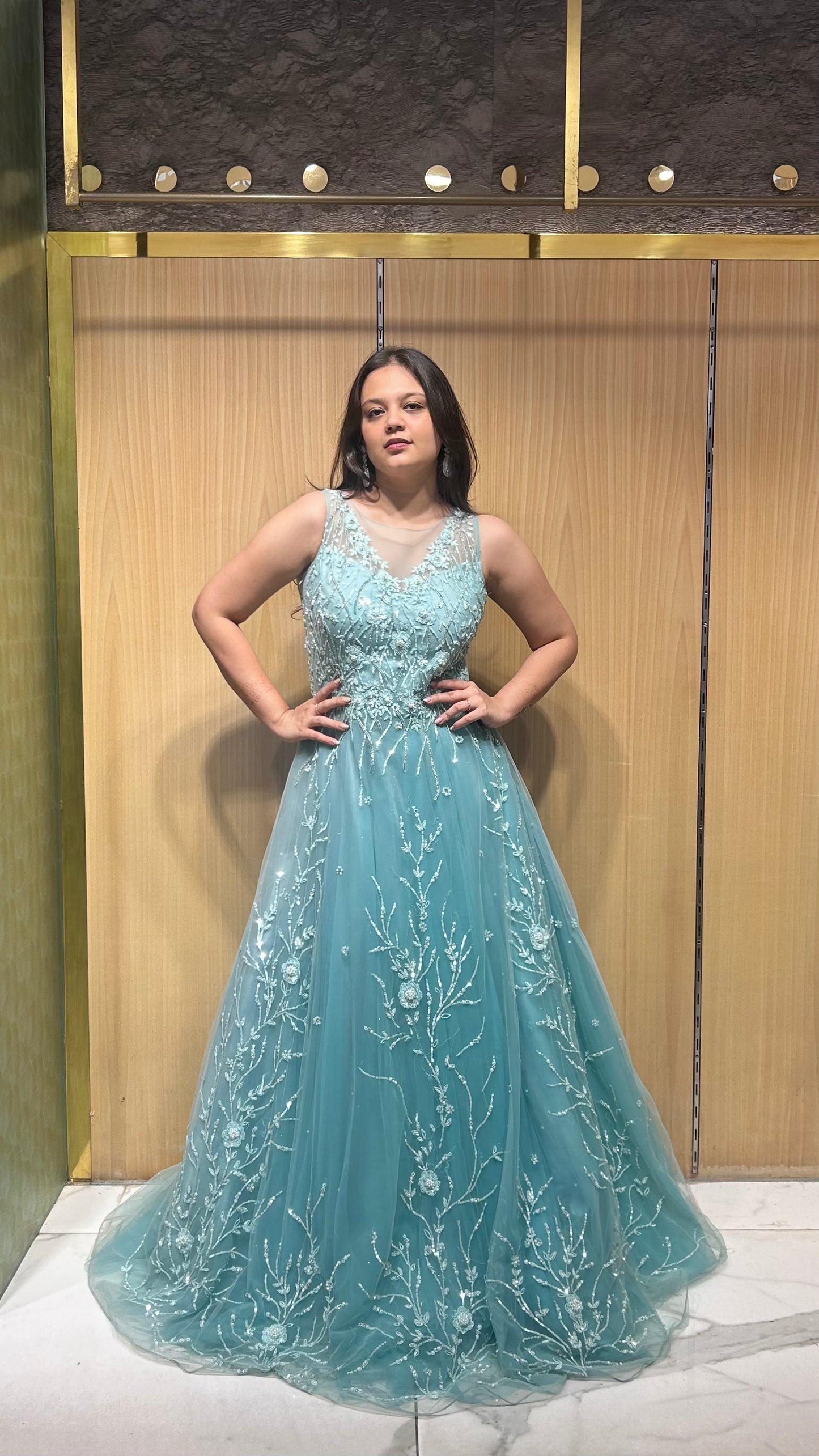Liara Blueish Green Embroidered Net Gown