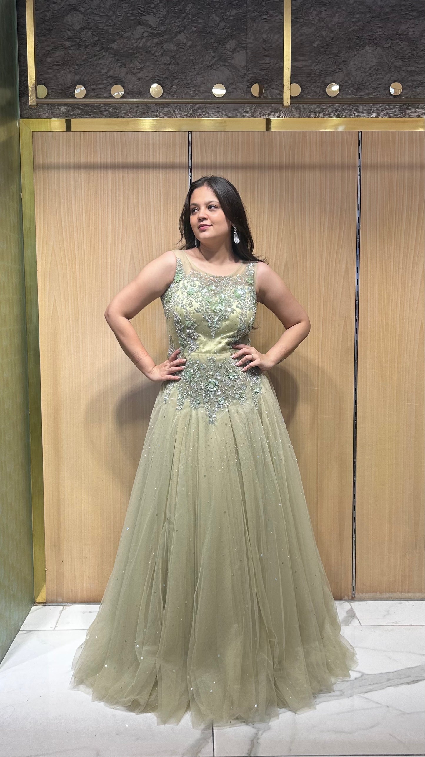 Moira Khakhi Green Sequin & Stone Embroidered Gown