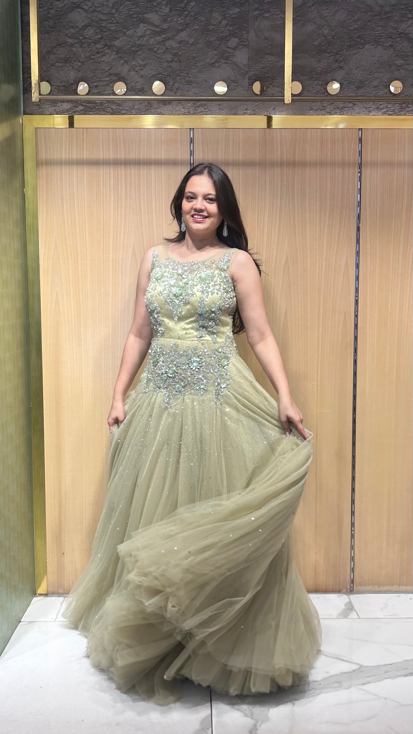Moira Khakhi Green Sequin & Stone Embroidered Gown
