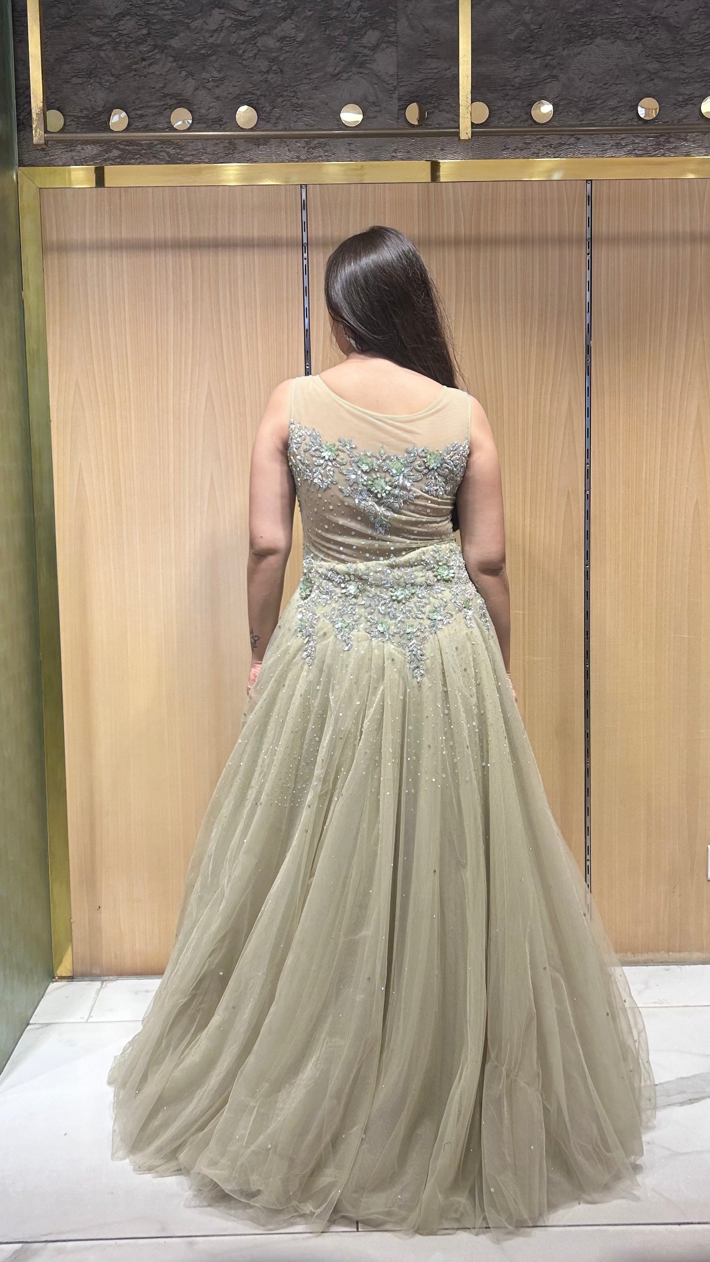 Moira Khakhi Green Sequin & Stone Embroidered Gown