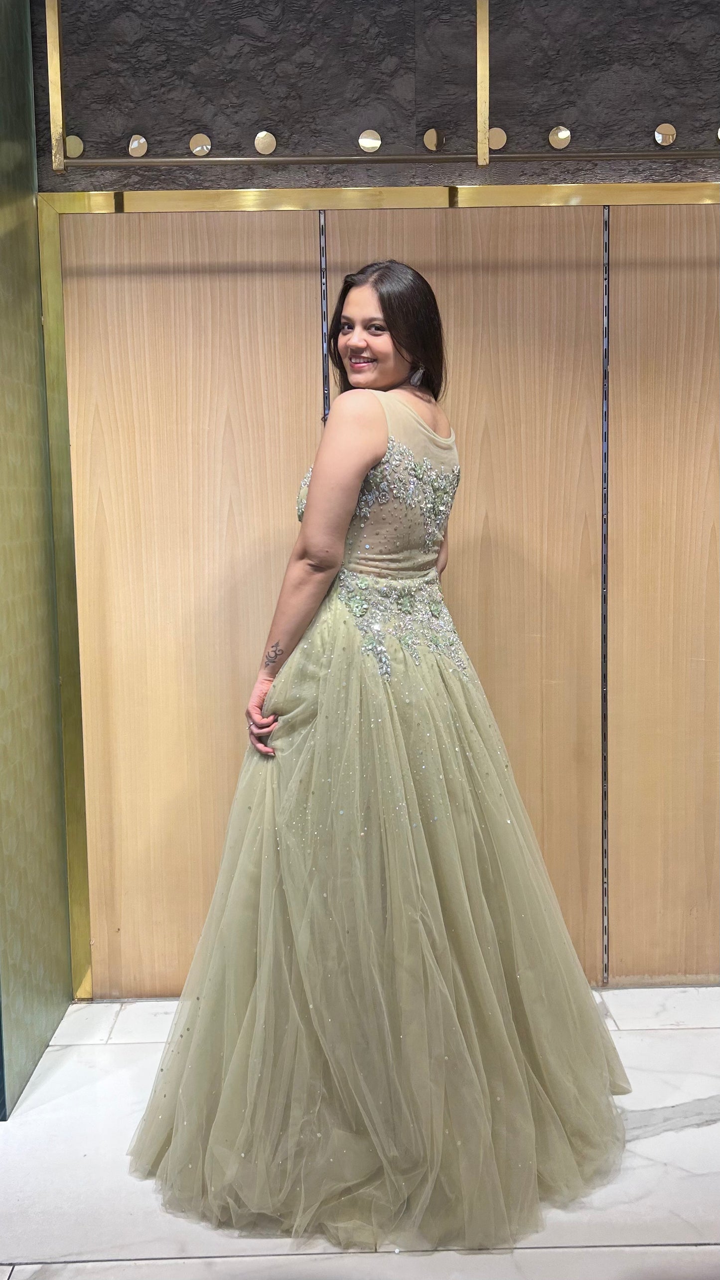 Moira Khakhi Green Sequin & Stone Embroidered Gown