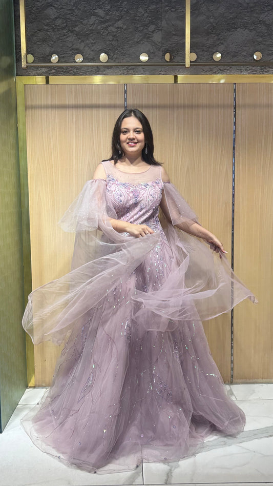 Elegant lavender gown suited for reception or red carpet events.