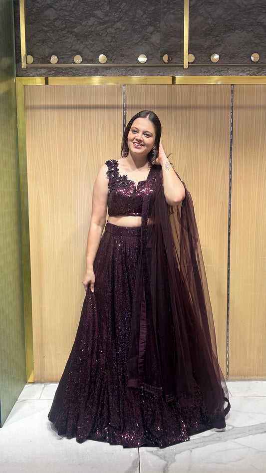 Ziyana Wine Sequin & Crystal Semi-Bridal Lehenga Set