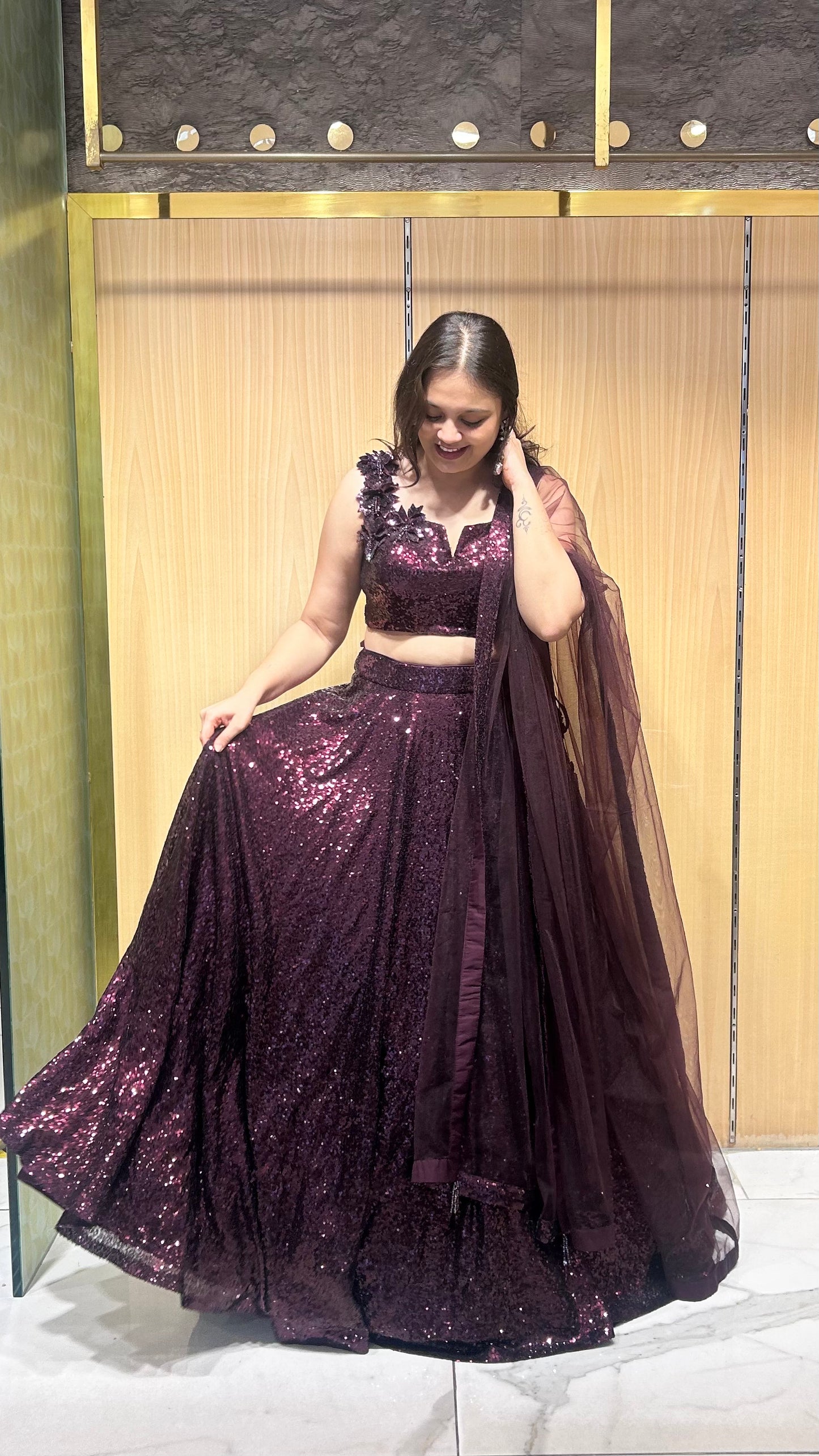 Ziyana Wine Sequin & Crystal Semi-Bridal Lehenga Set