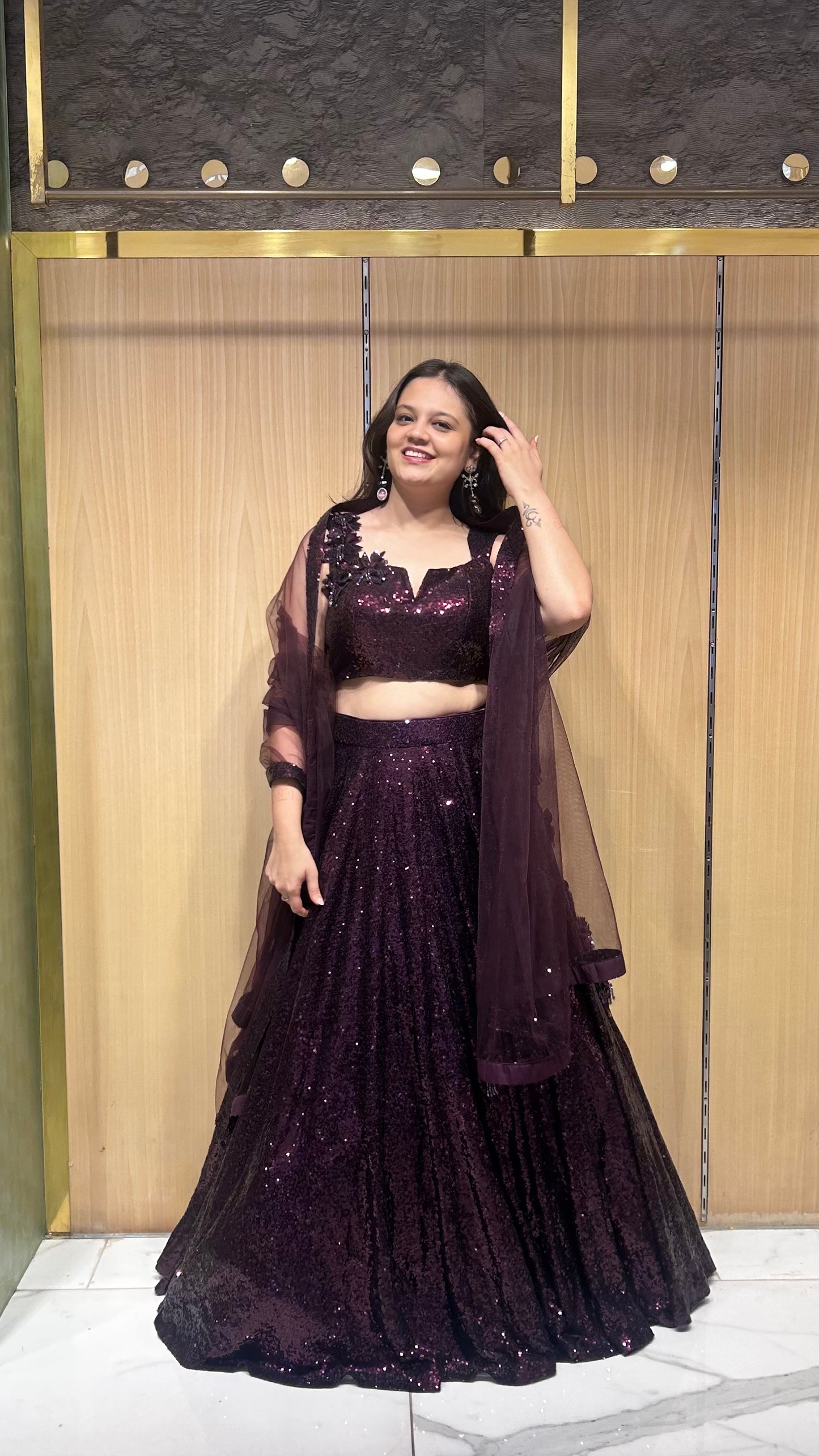 Ziyana Wine Sequin & Crystal Semi-Bridal Lehenga Set