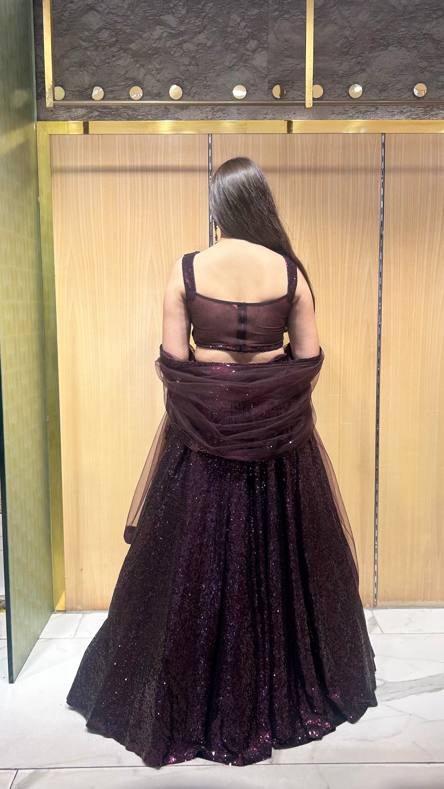 Ziyana Wine Sequin & Crystal Semi-Bridal Lehenga Set