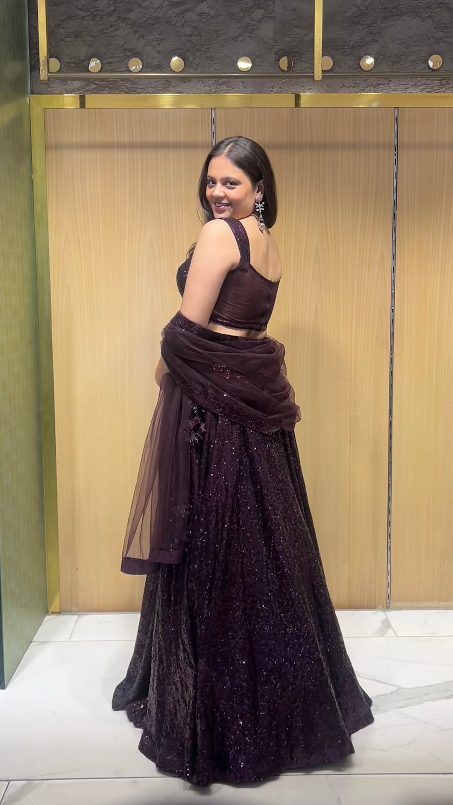 Ziyana Wine Sequin & Crystal Semi-Bridal Lehenga Set